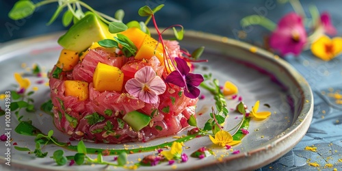 Savory tartare made with fresh tuna, mango, and avocado, beautifully adorned with edible flowers on a platter.