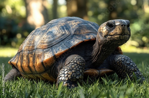 A large smooth-shelled turtle rests peacefully on green grass with its head raised and eyes open under a sunny sky