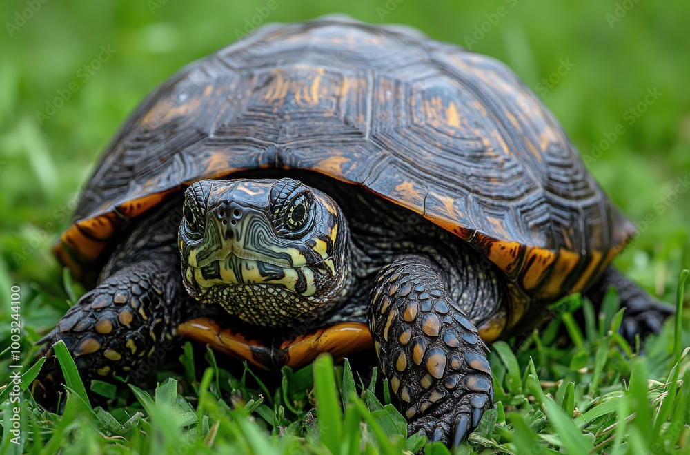 A turtle resting in the grass, showcasing its intricate shell and distinctive patterns on a sunny day A turtle resting in the grass, showcasing its intricate shell and distinctive patterns on a sunny day