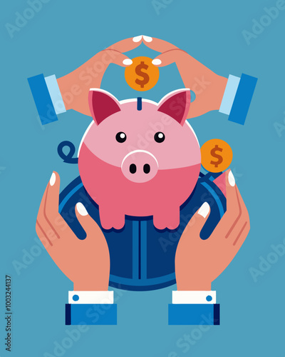 A pair of hands delicately prying open a piggy bank taking care not to damage the precious contents.. Vector illustration