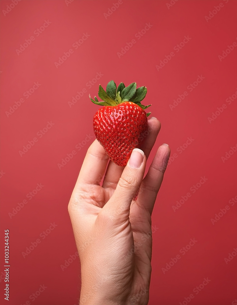 Obraz premium Hand holding fresh strawberry isolated on pastel red background
