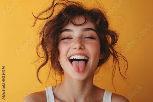 Portrait a Happy young Caucasian woman sticking her tongue out isolated on yellow background, for advertisement banner, ad