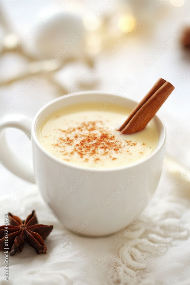 Close-up of a cup of creamy eggnog topped with nutmeg and garnished with a cinnamon stick, set on a white cloth and surrounded by holiday decor. Close-up of a cup of creamy eggnog topped with nutmeg and garnished with a cinnamon stick, set on a white cloth and surrounded by holiday decor.