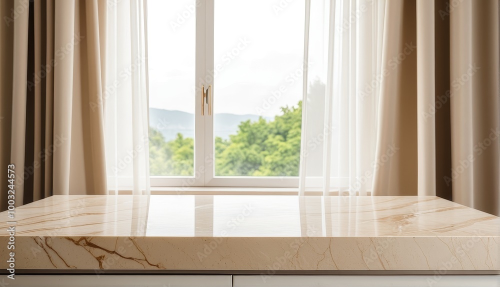 Beige Marble Tabletop with Window and Curtains in Kitchen Beige Marble Tabletop with Window and Curtains in Kitchen