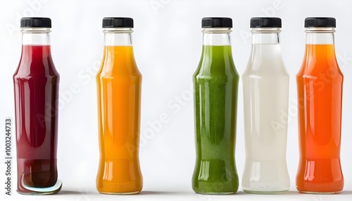 Vibrant Assortment of Fresh Vegetable and Fruit Juices in Unlabeled Bottles on a Bright White Background