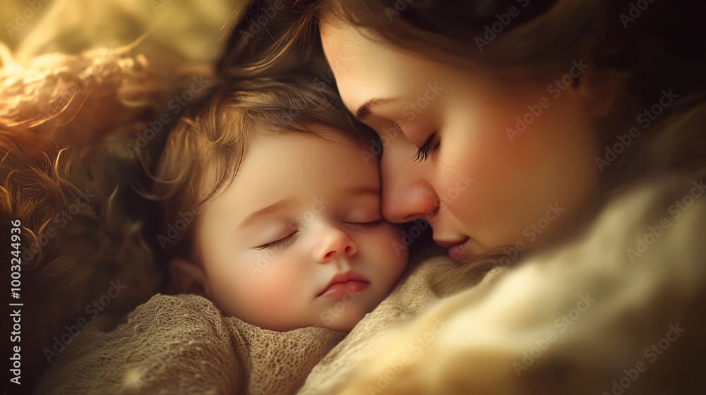Mother and Baby Peacefully Sleeping Together - Made with Generative AI Mother and Baby Peacefully Sleeping Together - Made with Generative AI