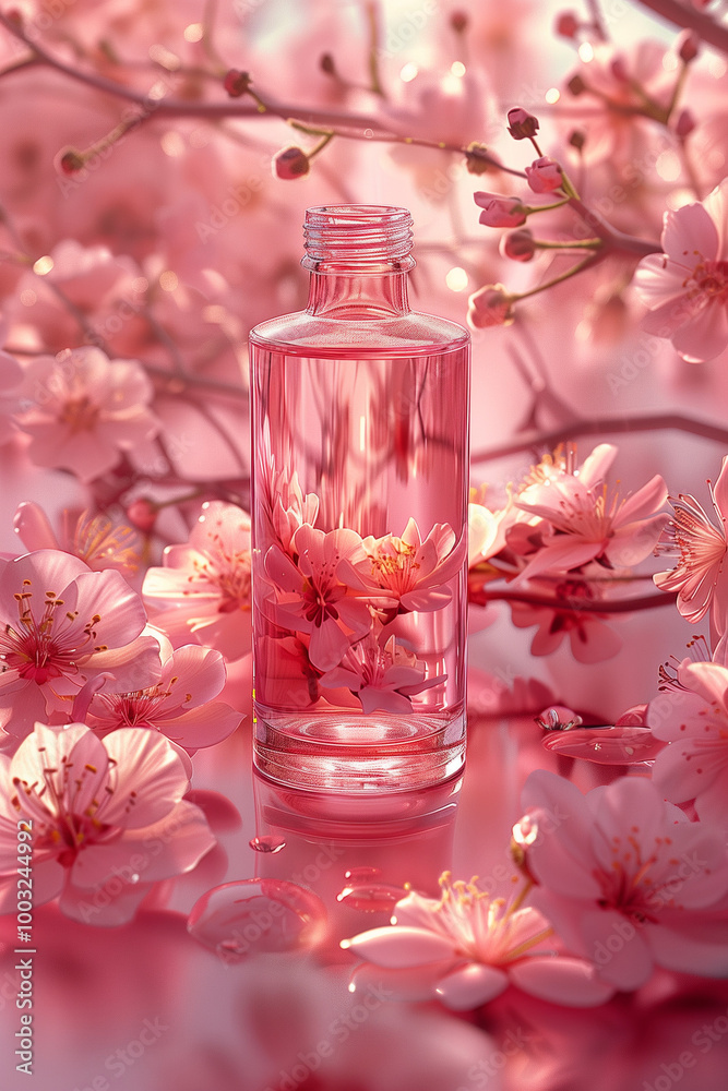 Glass bottle with perfume or serum on white and pink background . Cosmetology, anti-aging, perfumes. close up, flat lay. AI Generated Glass bottle with perfume or serum on white and pink background . Cosmetology, anti-aging, perfumes. close up, flat lay. AI Generated