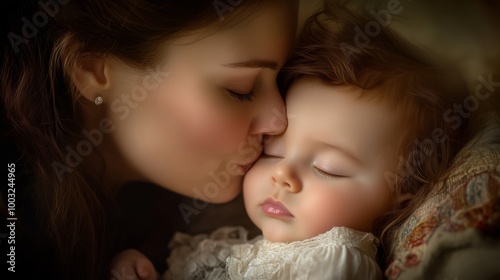 Mother’s Tender Kiss on Sleeping Baby’s Cheek - Made with Generative AI photo