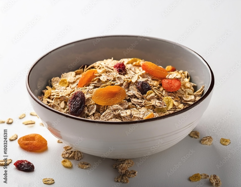 Healthy cereal bowl with dried fruit, on white background Healthy cereal bowl with dried fruit, on white background