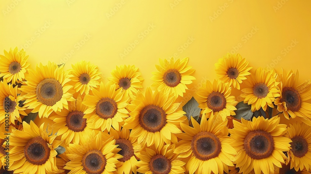 Fototapeta premium Sunflowers on soft color background, romantic feminine composition, wedding invitation concept.