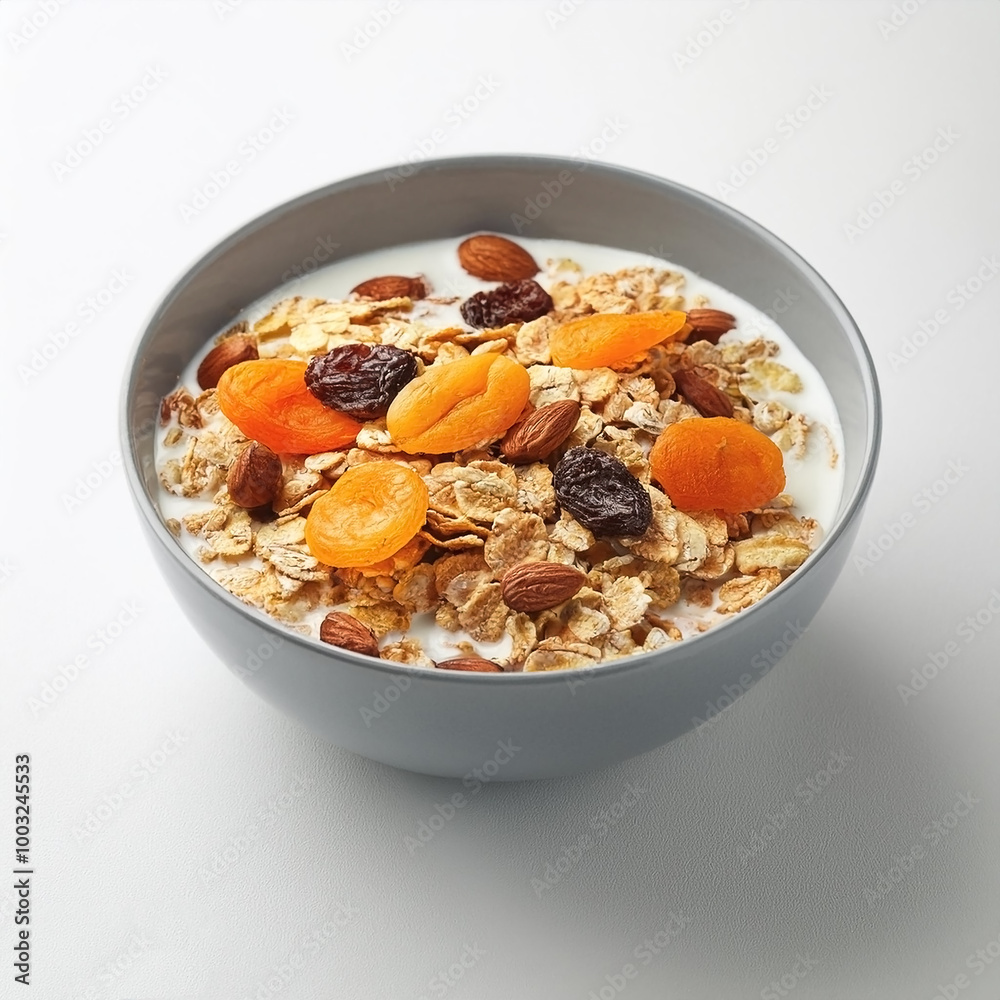 Healthy cereal bowl with dried fruit, on white background Healthy cereal bowl with dried fruit, on white background