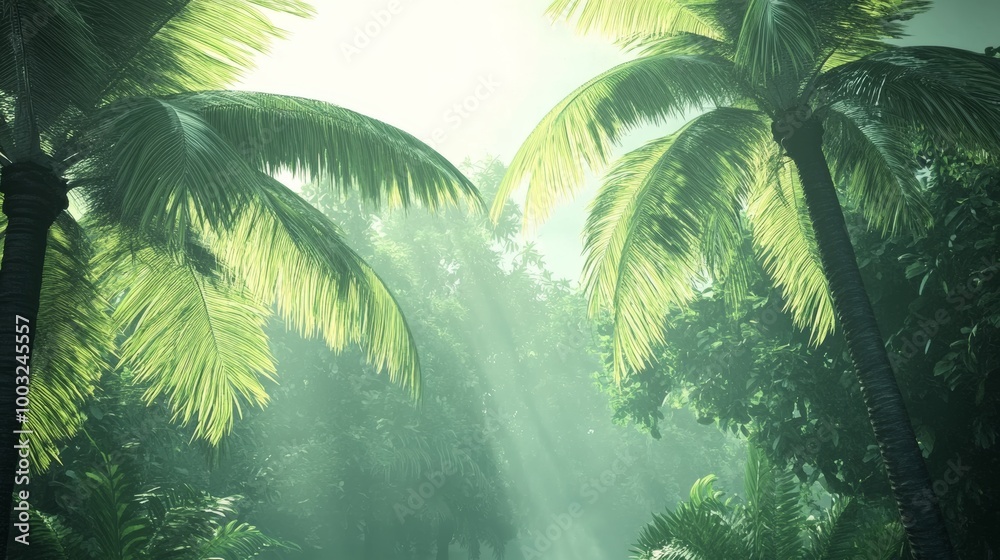 An artful wall mural of tall tropical trees painted in watercolor style on a generative AI background. An artful wall mural of tall tropical trees painted in watercolor style on a generative AI background.