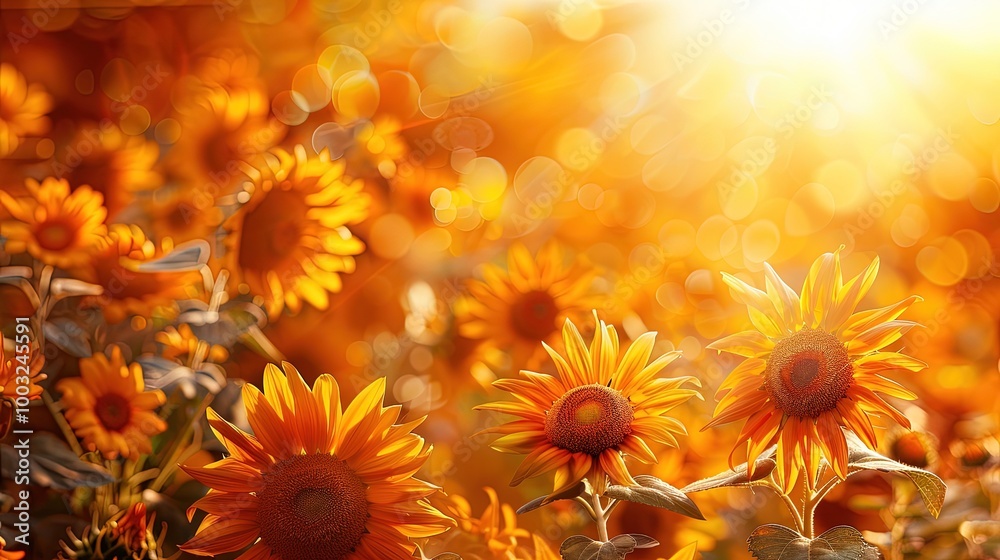 Fototapeta premium Sunflowers on soft color background, romantic feminine composition, wedding invitation concept.