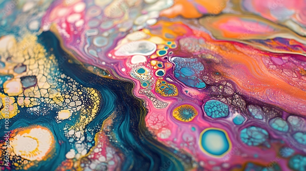 A close-up of an abstract painting with intricate patterns and overlapping colors, revealing the artist's creative process A close-up of an abstract painting with intricate patterns and overlapping colors, revealing the artist's creative process
