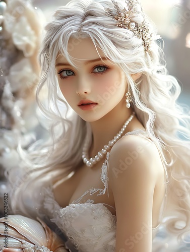 Beautiful Blonde Woman with White Dress and Crown