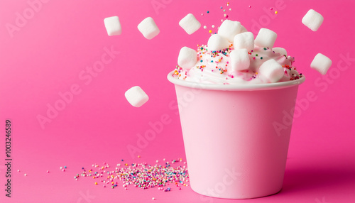 The soft pink tones depict a pink milkshake with sprinkles flying around it, marshmallows floating in the liquid mass of the shake, and colorful candies scattered around it on the table