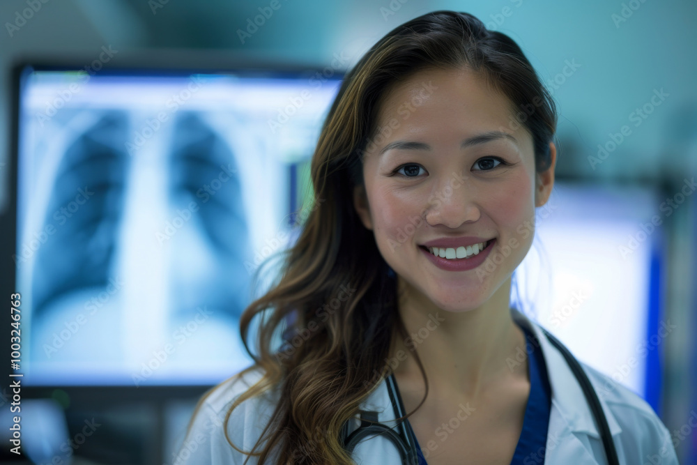Asian radiologist in hospital setting, blurred x-rays in the background Asian radiologist in hospital setting, blurred x-rays in the background