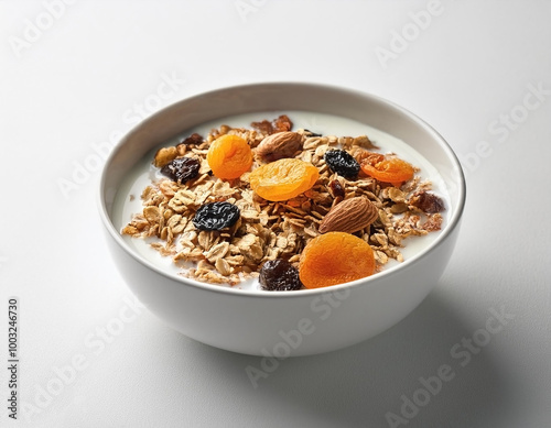 Healthy cereal bowl with dried fruit, on white background