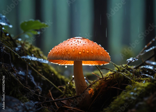 Autumn mushroom in the woods in the rain photo