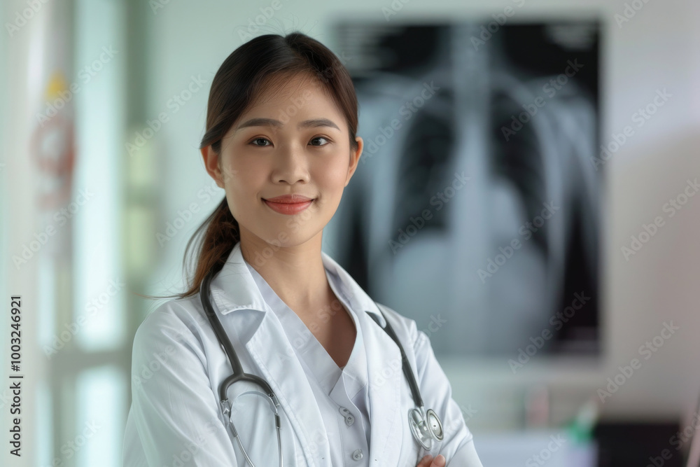 Asian radiologist analyzing x-rays in hospital, healthcare professional concept Asian radiologist analyzing x-rays in hospital, healthcare professional concept