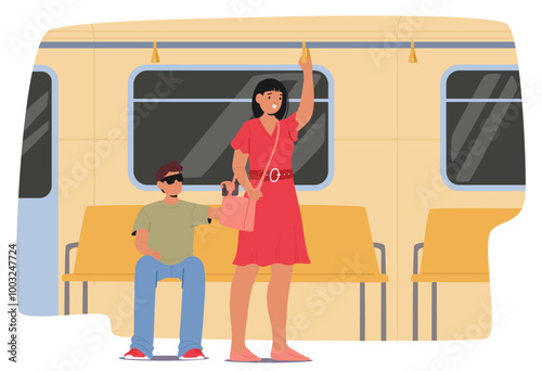 Woman Character In Red Dress Standing On Public Transit Holding Bag Another Figure Seated Appears To Be Attempting Theft