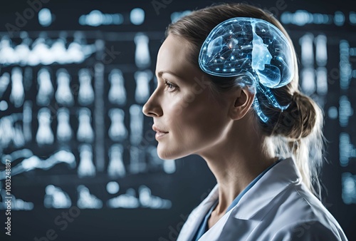 Female Scientist Analyzing Digital Brain Scan in Laboratory photo