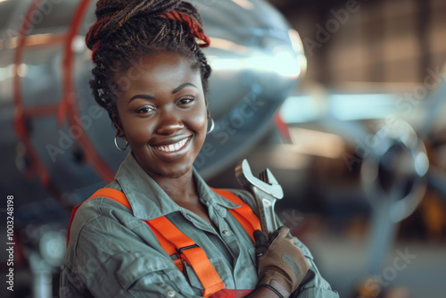 Wallpaper Mural Smiling afro-Caribbean woman aircraft engineer with spanner, blurred aircraft background, empowerment, innovation. Torontodigital.ca