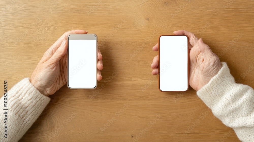 Two hands holding two smart phones with blank screens on them, AI Two hands holding two smart phones with blank screens on them, AI