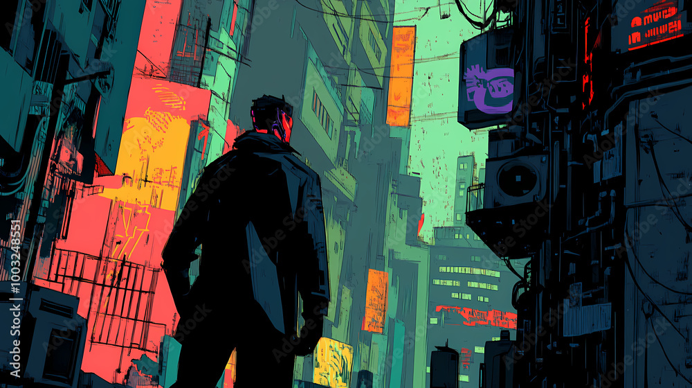 Obraz premium Digital illustration of a cyborg in a futuristic modern cyberpunk city. Cyberpunk Dystopia. Illustration