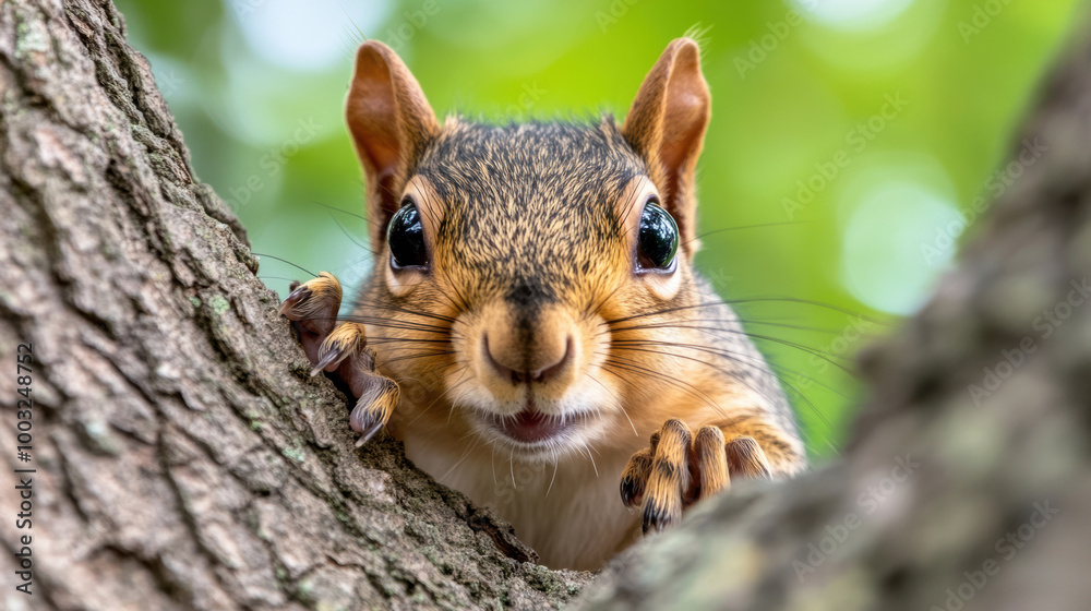 A squirrel peeking out from behind a tree trunk, AI A squirrel peeking out from behind a tree trunk, AI