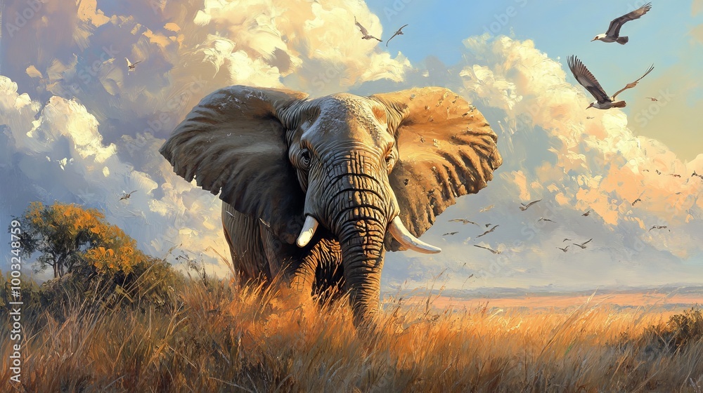 Fototapeta premium A wallpaper with an oil painting of elephants, symbols of power and greatness