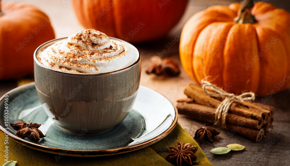 Pumpkin latte served in a ceramic mug, garnished with whipped cream and sprinkled with cinnamon, surrounded by pumpkins and seasonal spices for a festive look. Pumpkin latte served in a ceramic mug, garnished with whipped cream and sprinkled with cinnamon, surrounded by pumpkins and seasonal spices for a festive look.
