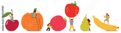 Children Interacting Playfully With Huge Fruits Including Cherry, Pumpkin, Apple, Strawberry, Pear And Banana