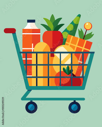 A nearly empty shopping cart lingers in the produce section each item meticulously chosen to avoid breaking the bank.. Vector illustration