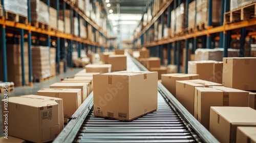 a bustling distribution warehouse scene showcasing a conveyor belt loaded with neatly stacked cardboard boxes, highlighting efficient e-commerce delivery logistics