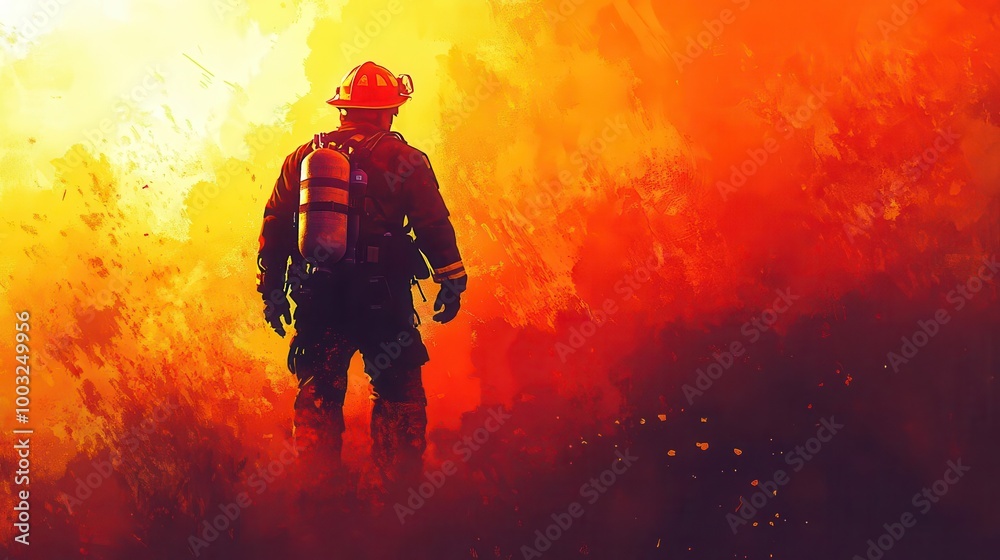 a determined firefighter stands with their back to the viewer, silhouetted against a raging inferno, embodying bravery in the face of danger with dynamic orange and red hues