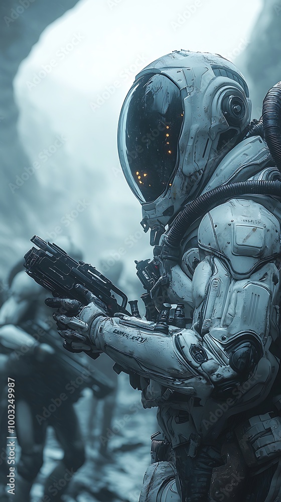 Naklejka premium Futuristic Space Soldier in Combat Gear with Gun Holding Position