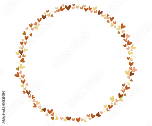 Marco circular / Corona de pequeños corazones sobre fondo blanco hecho a mano con marcadores punta pincel de colores en la gama otoñal. Se puede usar como fondo para escribir una frase adentro