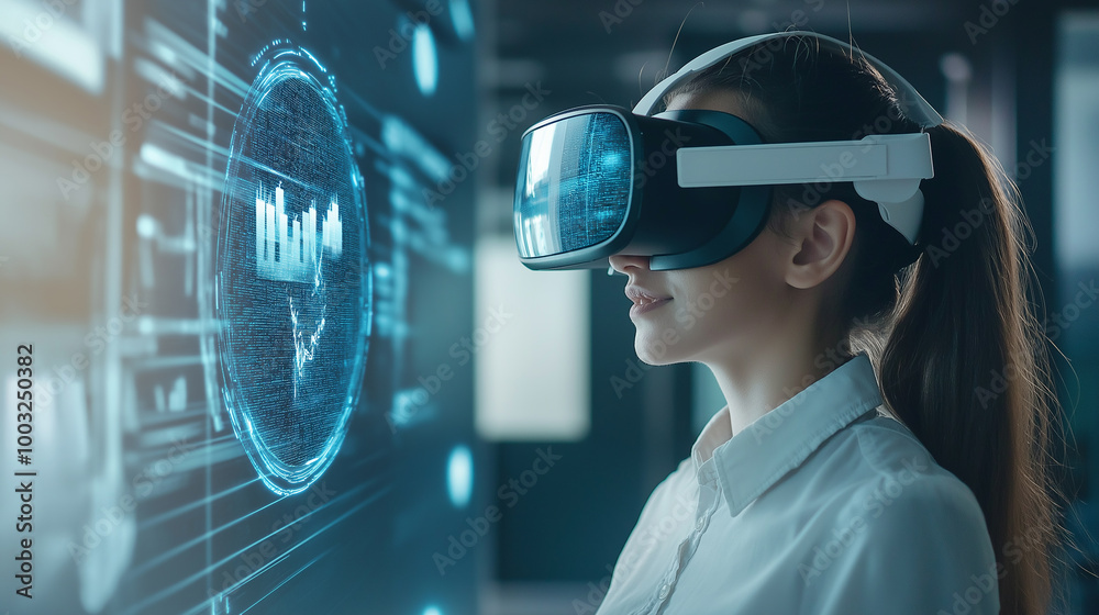 School student with VR headset using AI artificial intelligence technology & machine learning.Interactive technology in classroom. Innovation & smart tech. AI blue hologram in education