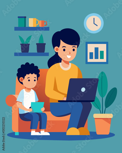 A parent working from home to avoid the cost of childcare while also reducing their daily commute expenses.. Vector illustration