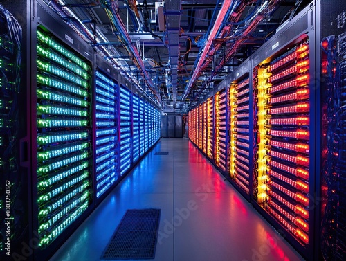 Rows of glowing servers in a data center. photo