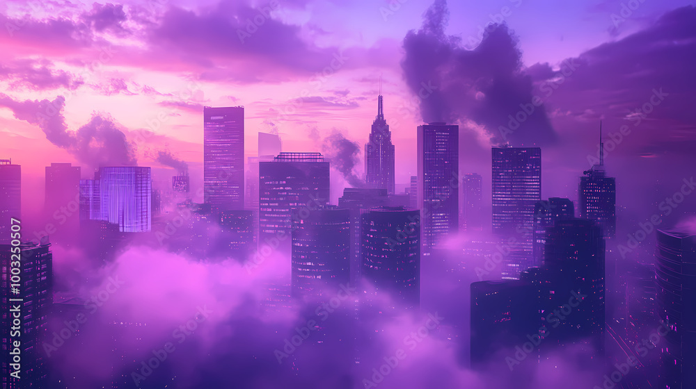 Fototapeta premium Dystopic cyberpunk city with smoke and purple sky. synthwave dystopia. illustrations. Cyberpunk Dystopia. Illustration