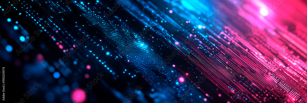 Fototapeta premium Banner in style Abstract tech in form of points and lines of online data flow. Futuristic and dynamic panorama background. Concept of technology development, virtual reality.