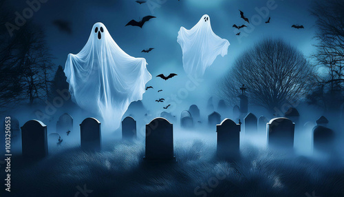 Two large ghosts hover above a foggy cemetery, with bats flying under the full moon. The tombstones and crosses add a haunting feel to the Halloween scene.