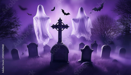 Two floating ghosts rise in a purple-hued graveyard surrounded by tombstones. Bats fly in the night sky, adding to the haunting Halloween atmosphere.