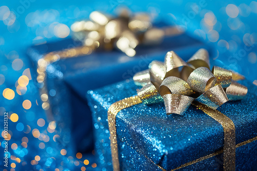 Close-up of blue gift boxes with golden ribbon on sparkling bokeh background, festive and elegant holiday presents capturing the joy of Christmas and winter celebrations photo