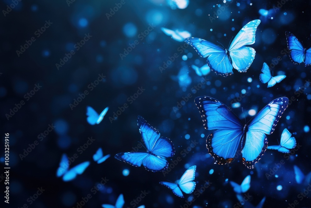 A blue background with a bunch of butterflies flying around A blue background with a bunch of butterflies flying around