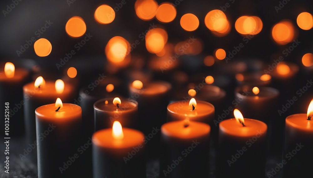 Several small black candles burn, their flames casting a soft glow. The blurred background and warm bokeh lights highlight the simple yet spooky Halloween arrangement. Several small black candles burn, their flames casting a soft glow. The blurred background and warm bokeh lights highlight the simple yet spooky Halloween arrangement.