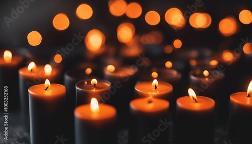 Several small black candles burn, their flames casting a soft glow. The blurred background and warm bokeh lights highlight the simple yet spooky Halloween arrangement.