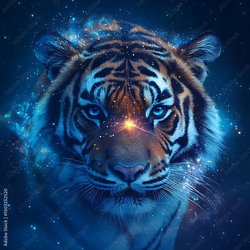 Ethereal cosmic tiger animal exploring vast star-filled universe landscape picture Ethereal cosmic tiger animal exploring vast star-filled universe landscape picture